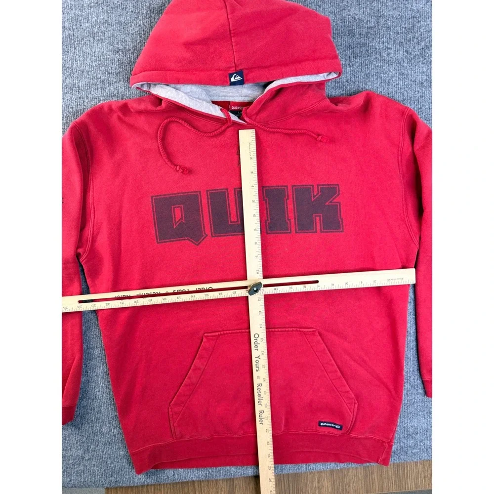 Quiksilver Mens Large Red Graphic Hoodie Cotton Fleece Pullover Skate Sweatshirt